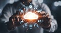 Futuristic digital cloud technology person holding glowing network data connection Royalty Free Stock Photo