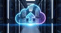 Futuristic digital cloud upload icon glowing blue and purple in server room data center Royalty Free Stock Photo