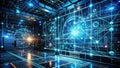 Futuristic digital command center with glowing holographic displays and intricate network visualizations. Generative AI