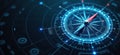 Futuristic digital compass with glowing blue lines, particles shows tech navigation. Modern compass shows tech direction. Image Royalty Free Stock Photo