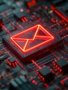 Futuristic digital concept of an encrypted messaging platform with glowing neon email icon on a high-tech circuit board Royalty Free Stock Photo