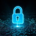 Futuristic digital concept featuring a glowing blue lock hovering above a circuit-like pattern. Royalty Free Stock Photo