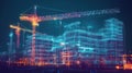 Neon cityscape with construction cranes and buildings Digital art Royalty Free Stock Photo
