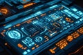 Futuristic digital control panel with holographic interface and neon blue lighting displayed in ultra-detailed realism Royalty Free Stock Photo