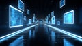 Futuristic digital corridor with glowing blue screens and reflective floor creating high tech immersive atmosphere Royalty Free Stock Photo