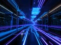 Futuristic Digital Corridor Illuminated by Neon Blue and Purple Light Trails, Featuring Abstract Circuitry and Streaming Binary Royalty Free Stock Photo