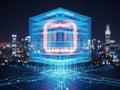 Futuristic digital cube with cityscape background and glowing circuitry Royalty Free Stock Photo