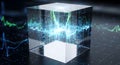 A futuristic digital cube with glowing blue data streams and pat Royalty Free Stock Photo