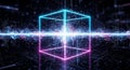 Futuristic digital cube with glowing neon edges and abstract data waves Royalty Free Stock Photo