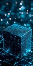 Futuristic digital cube with glowing neon grid in abstract technological network design, AI Generative