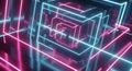 Futuristic digital cube glowing with neon lights in hightech cyber environment with vibrant lighting and abstract design eleme Royalty Free Stock Photo