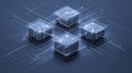 Futuristic digital cubes connected by glowing circuits on blueprint background representing blockchain, data network Royalty Free Stock Photo