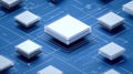 Futuristic digital cubes connected by glowing circuits on blueprint background representing blockchain, data network Royalty Free Stock Photo