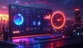 Futuristic Digital Dashboard with Cityscape at Dusk Royalty Free Stock Photo