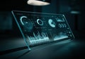 A futuristic digital dashboard display is angled on a dark surface.