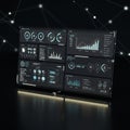 A futuristic digital dashboard display with multiple panels showing graphs, charts, and Royalty Free Stock Photo
