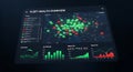 Futuristic digital dashboard displaying complex data analytics and stock market trends with vibrant green and red visualizations Royalty Free Stock Photo
