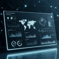 Futuristic digital dashboard displaying world map, statistical graphs, and data Royalty Free Stock Photo