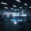 A futuristic digital dashboard displays various data analytics. The interface includes Royalty Free Stock Photo