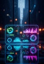 Futuristic Digital Dashboard with Glowing Data Analytics and Business Intelligence Charts and Graphs, Reflected on a Wet Surface Royalty Free Stock Photo