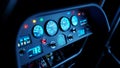 Close up of a futuristic digital dashboard with many gauges and indicators at night Royalty Free Stock Photo