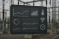 Futuristic digital dashboard interface displaying data analytics and performance metrics over power station background Royalty Free Stock Photo