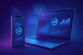 Futuristic digital dashboard on laptop and smartphone screens with glowing blue charts and graphs technology Royalty Free Stock Photo