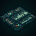 Futuristic digital dashboard with multiple data visualizations. Features include line Royalty Free Stock Photo