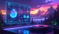 Futuristic Digital Dashboard Overlooking Mountain Cityscape at Sunset Royalty Free Stock Photo