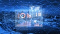 Futuristic digital data analysis interface over a city skyline at night showcasing graphs, statistics, and global Royalty Free Stock Photo