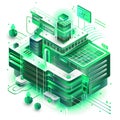 Futuristic digital data center with glowing green servers and network elements Royalty Free Stock Photo