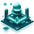 Futuristic digital data center with glowing neon circuit board elements and towers Royalty Free Stock Photo