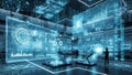 Futuristic digital data center with holographic displays and silhouetted figures Royalty Free Stock Photo