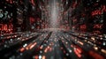 Futuristic digital data corridor with red and black numeric displays in a virtual environment Royalty Free Stock Photo