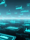 Futuristic Digital Data Interface with Glowing Cyan Graphs and Charts Floating in Space technology Royalty Free Stock Photo