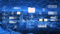 Futuristic Digital Data Network Visualization Over Cityscape with Data Files, Charts, and Connections in Blue Color Royalty Free Stock Photo