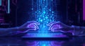 Futuristic Digital Data Stream Emerging from Tablet with Glowing Hands Royalty Free Stock Photo