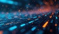 Futuristic digital data stream flows in abstract glowing lines of blue and orange. Digital grid with particles moves fast. Royalty Free Stock Photo