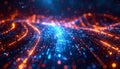Futuristic digital data stream visualization showing converging waves of fiery orange and brilliant electric blue light particles Royalty Free Stock Photo