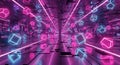 Futuristic digital data tunnel with glowing pink and blue neon hexagons and binary code in cyber corridor for tech innovation Royalty Free Stock Photo