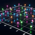 Futuristic Digital Data Visualization: Abstract Network of Glowing Spheres and Interconnected Lines on a 3D Grid for Technology Royalty Free Stock Photo