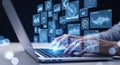 Futuristic digital data visualization on computer screen with hands typing Royalty Free Stock Photo