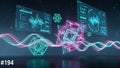 Futuristic digital data visualization with glowing geometric shapes and waveform graphs abstract Royalty Free Stock Photo
