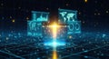 Futuristic digital data visualization hub with global information streams and glowing energy core Royalty Free Stock Photo