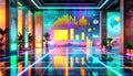 Futuristic digital data visualization room with neon lights and reflective floors displaying financial charts and graphs Royalty Free Stock Photo