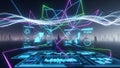 Futuristic digital data visualization screens with glowing geometric network connections and light streaks Royalty Free Stock Photo