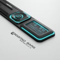 Futuristic digital device featuring a sleek, rectangular black body with neon blue Royalty Free Stock Photo