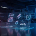 Futuristic digital display featuring holographic elements, with 3D geometric graphs Royalty Free Stock Photo