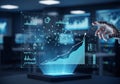 Futuristic digital display holographically projects data charts and Royalty Free Stock Photo