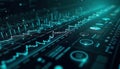 Futuristic digital display shows data science analysis. Generative AI system displays dynamic graphs, charts. Complex financial